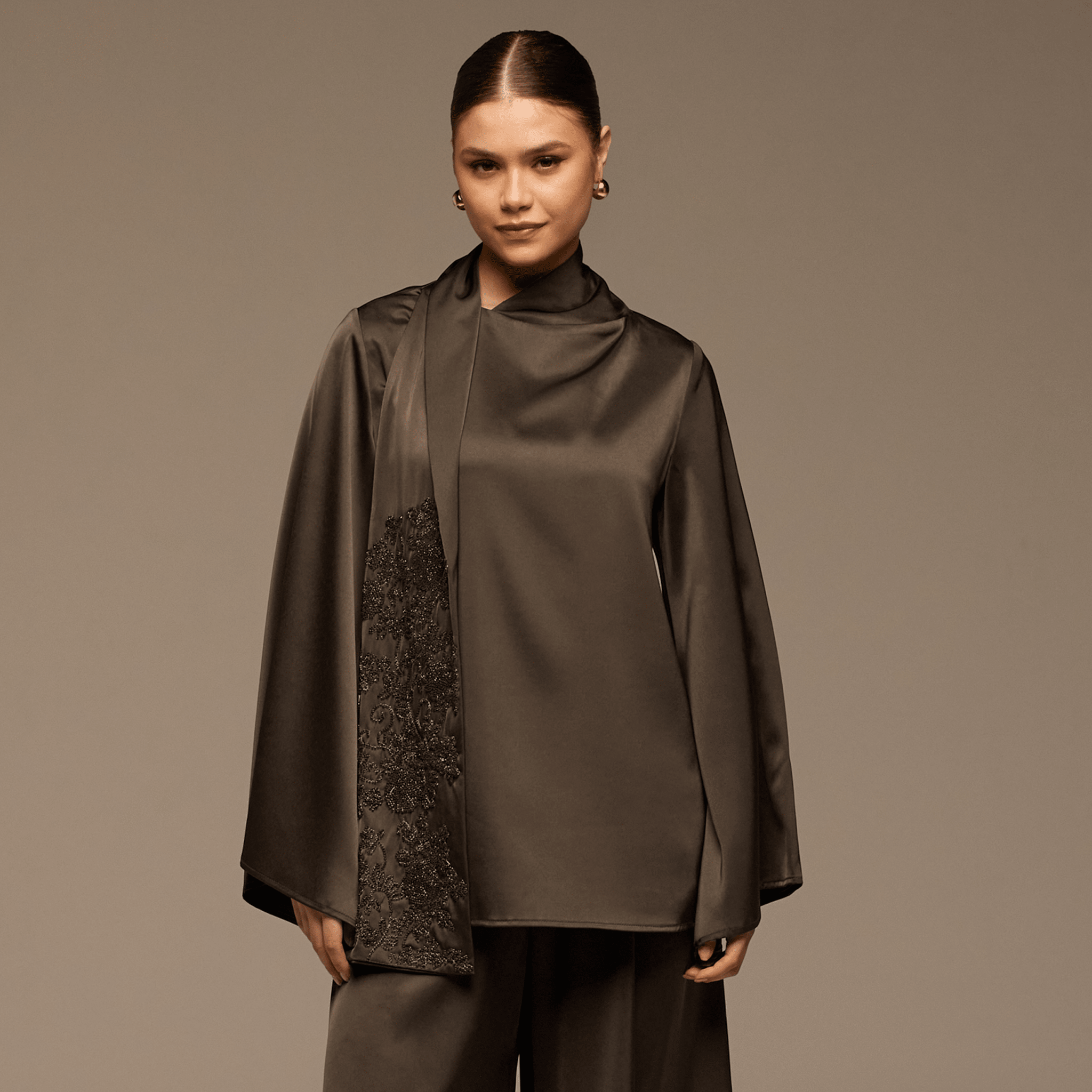 Brown Loose Fit Long Sleeve Satin Blouse - shopaleena