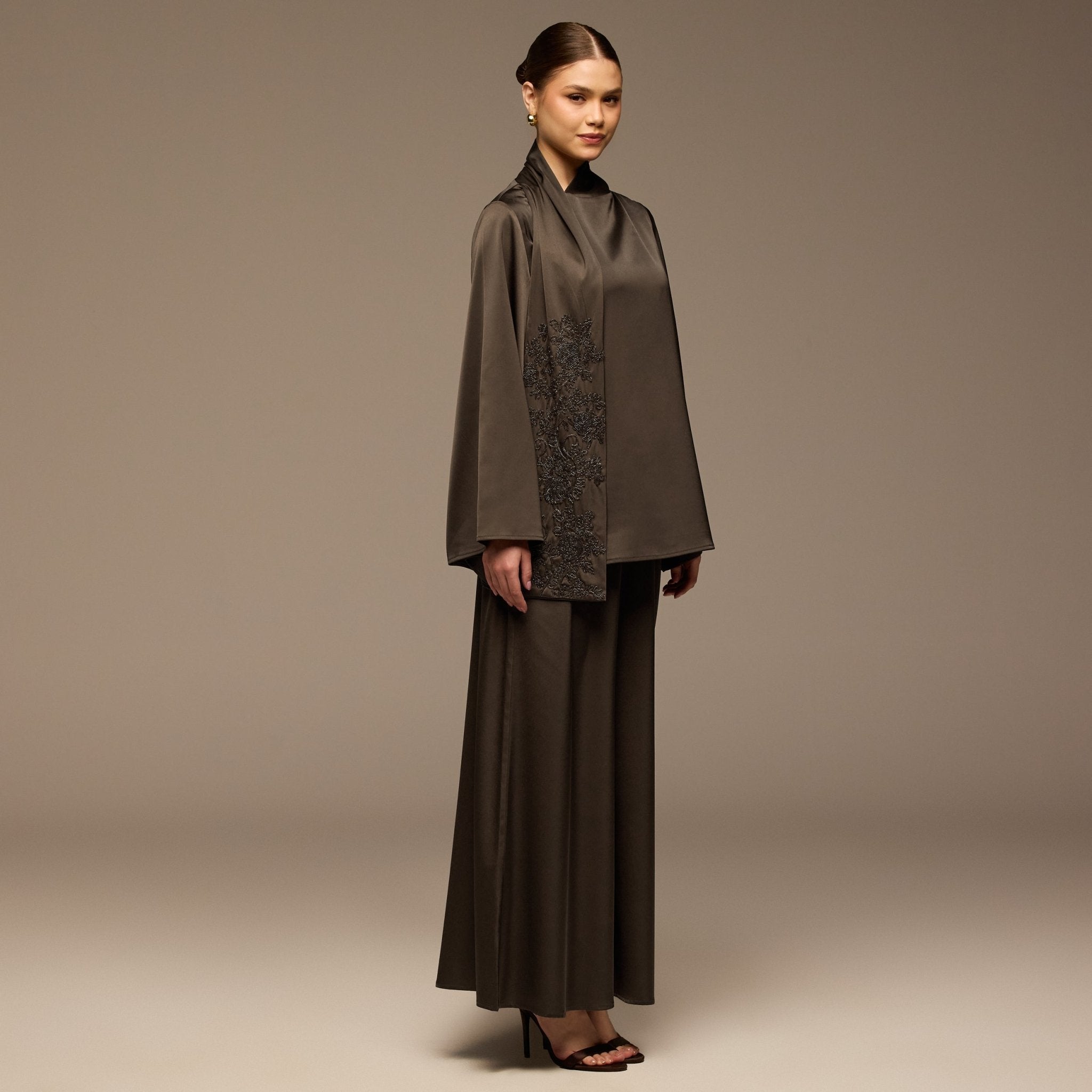Brown Loose Fit Long Sleeve Satin Blouse - shopaleena