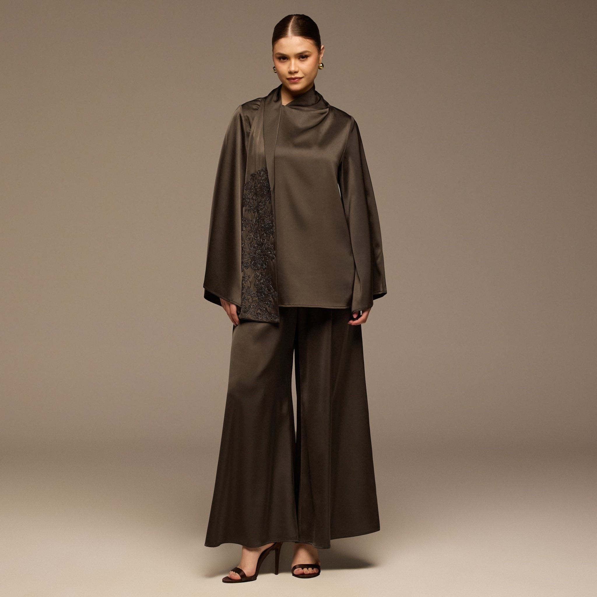 Brown Loose Fit Long Sleeve Satin Blouse - shopaleena