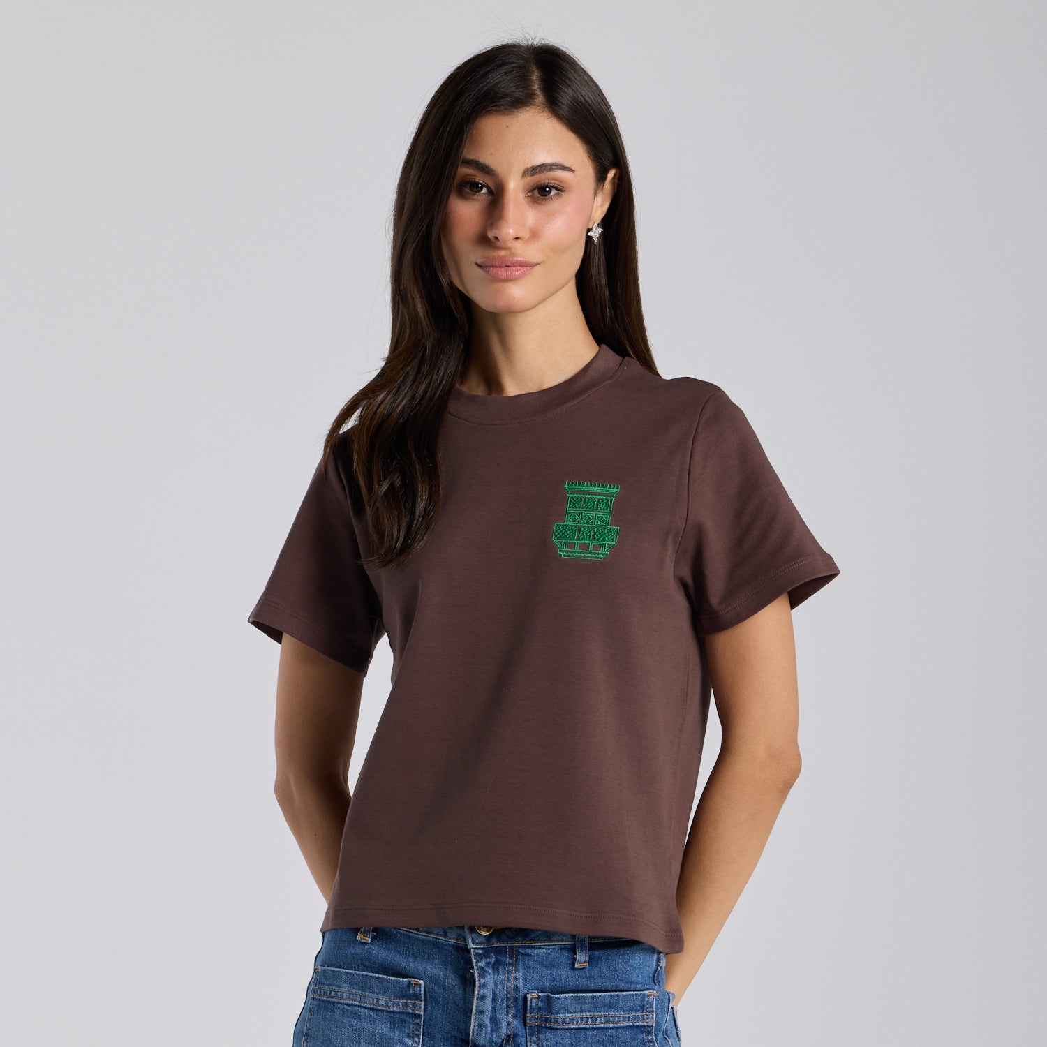 Brown Mashrabiya Embroidered Cotton T-shirt - shopaleena