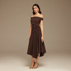 Brown Off - Shoulder Cotton Ruched Midi Dress - shopaleena