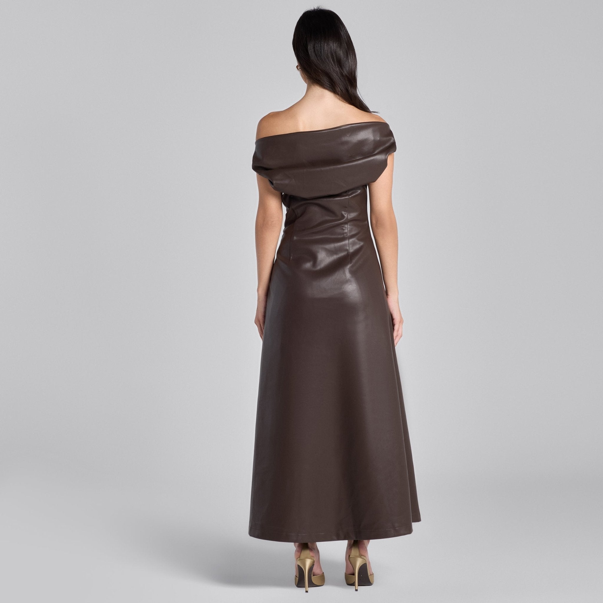 Brown Off Shoulder Draped Leather Midi Dress - shopaleena