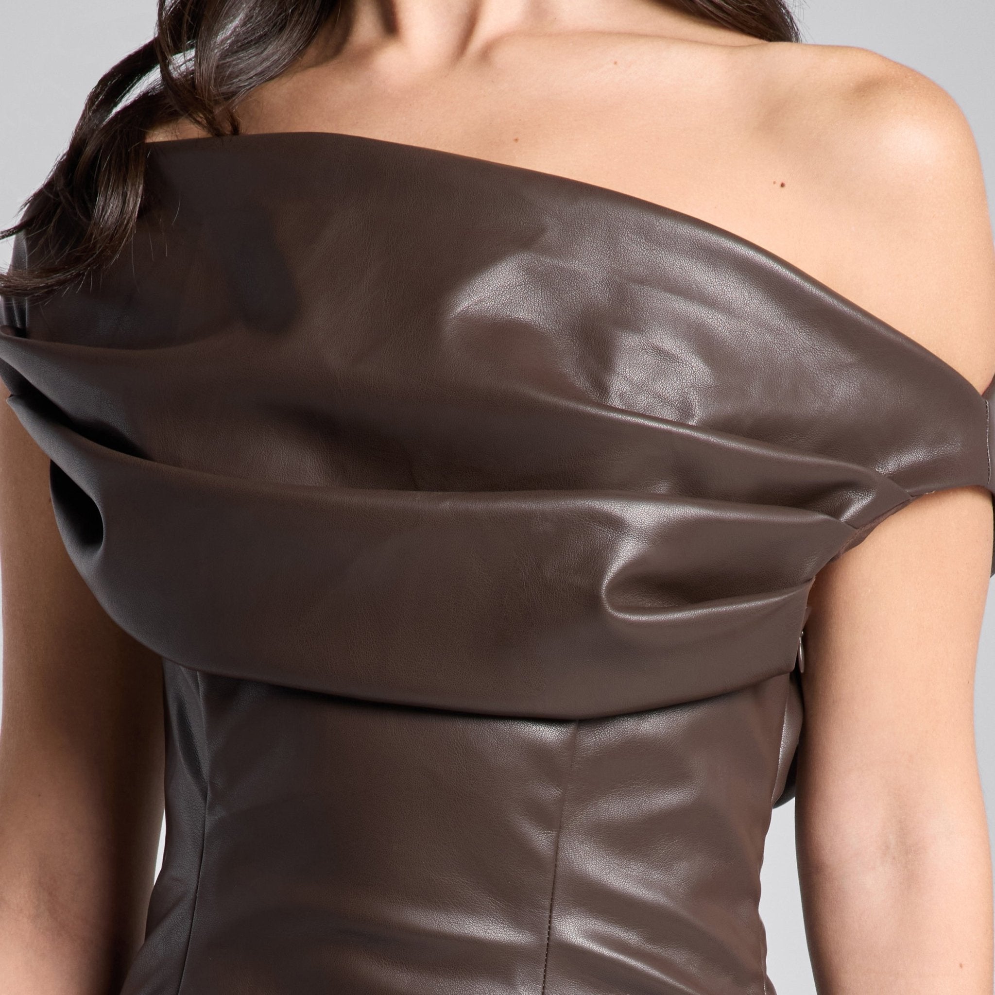 Brown Off Shoulder Draped Leather Midi Dress - shopaleena