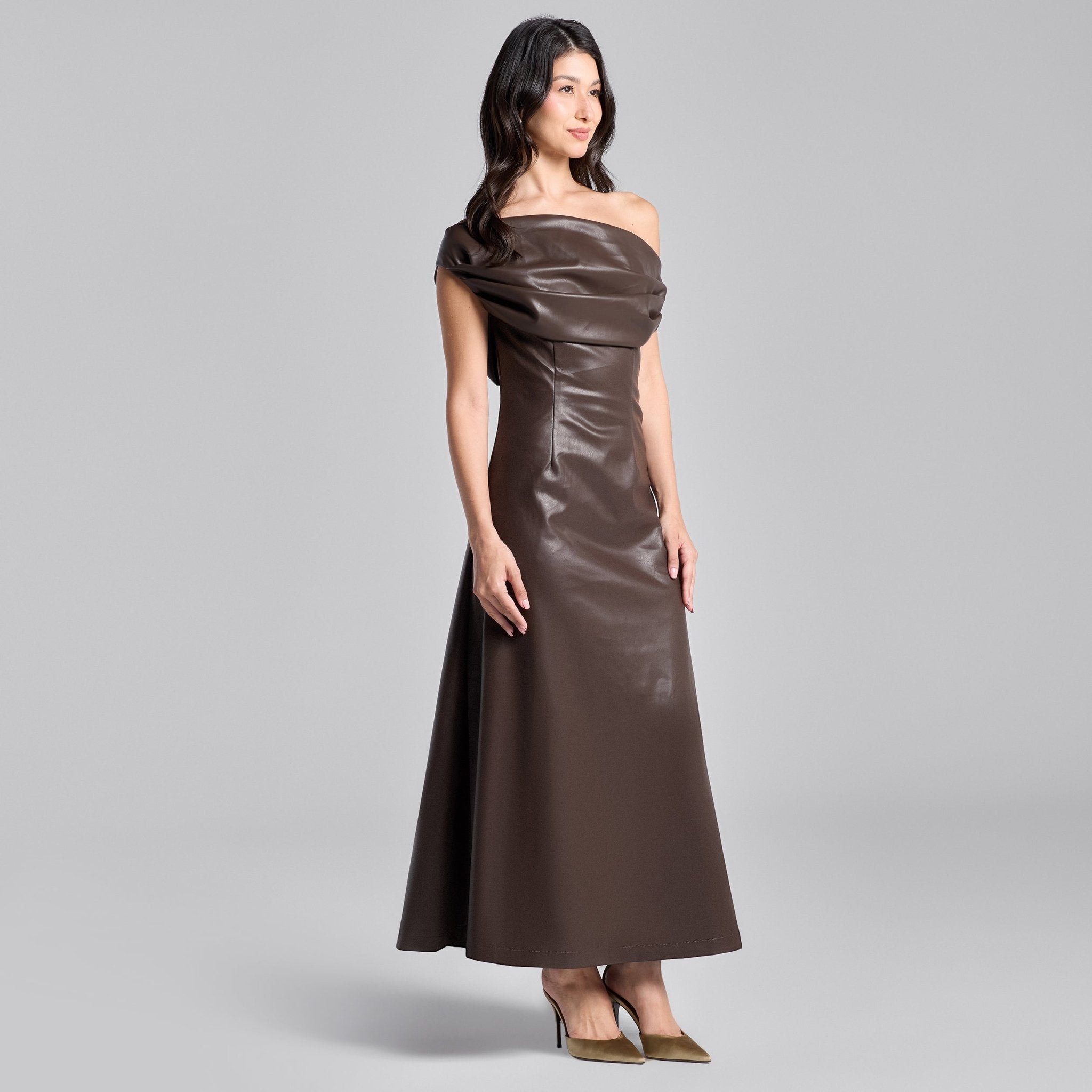 Brown Off Shoulder Draped Leather Midi Dress - shopaleena