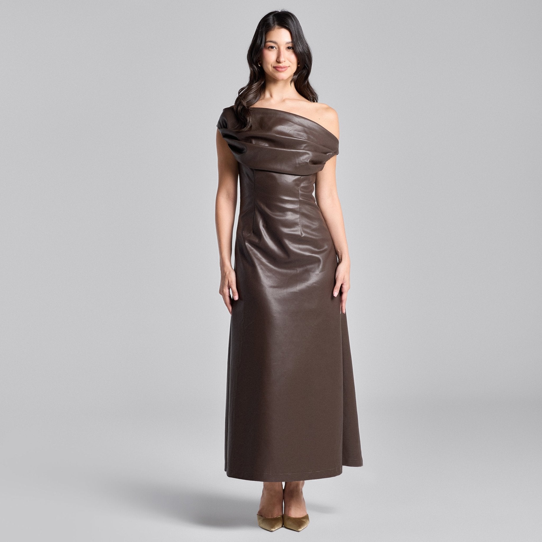 Brown Off Shoulder Draped Leather Midi Dress - shopaleena