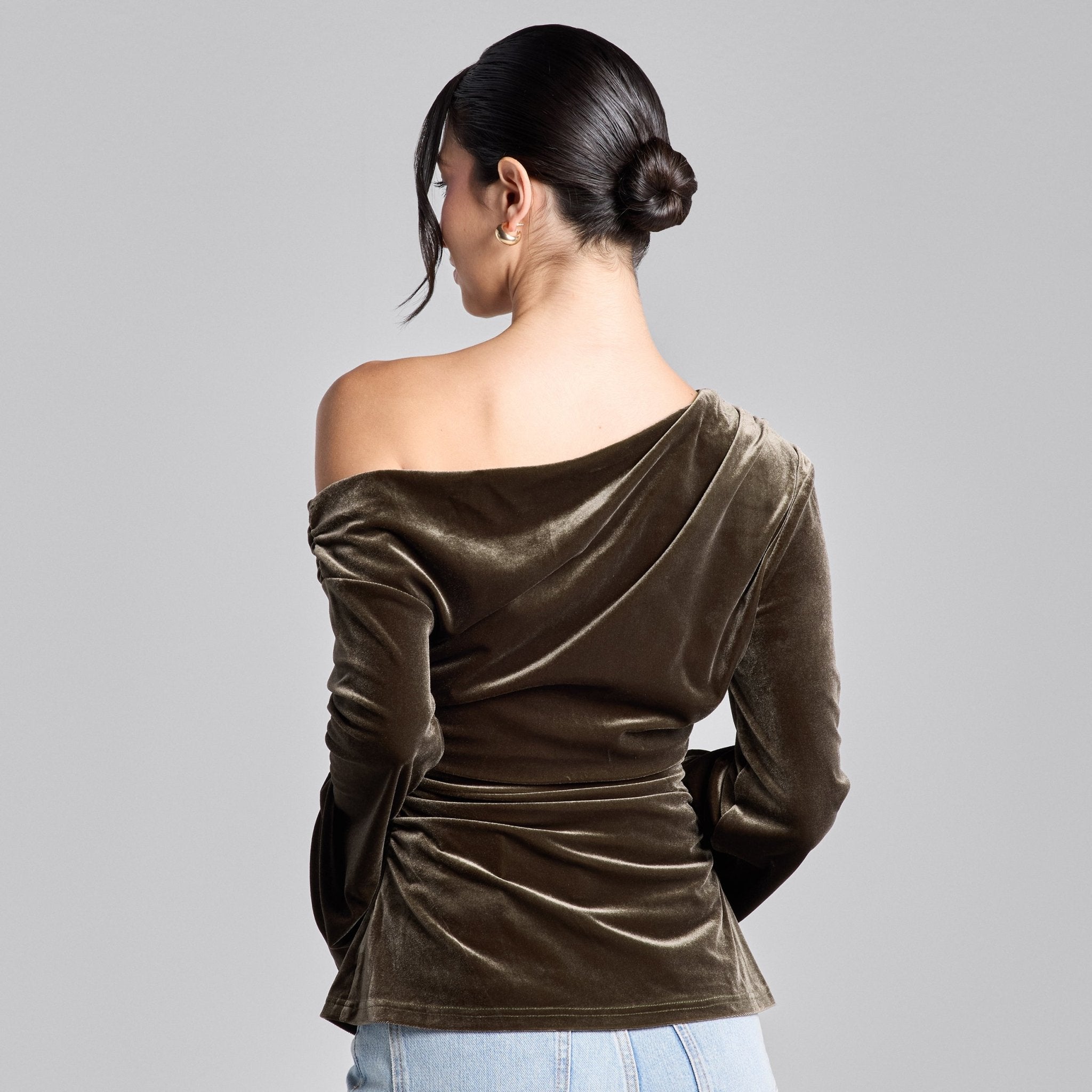 Brown Off Shoulder Ruched Velvet Top - shopaleena