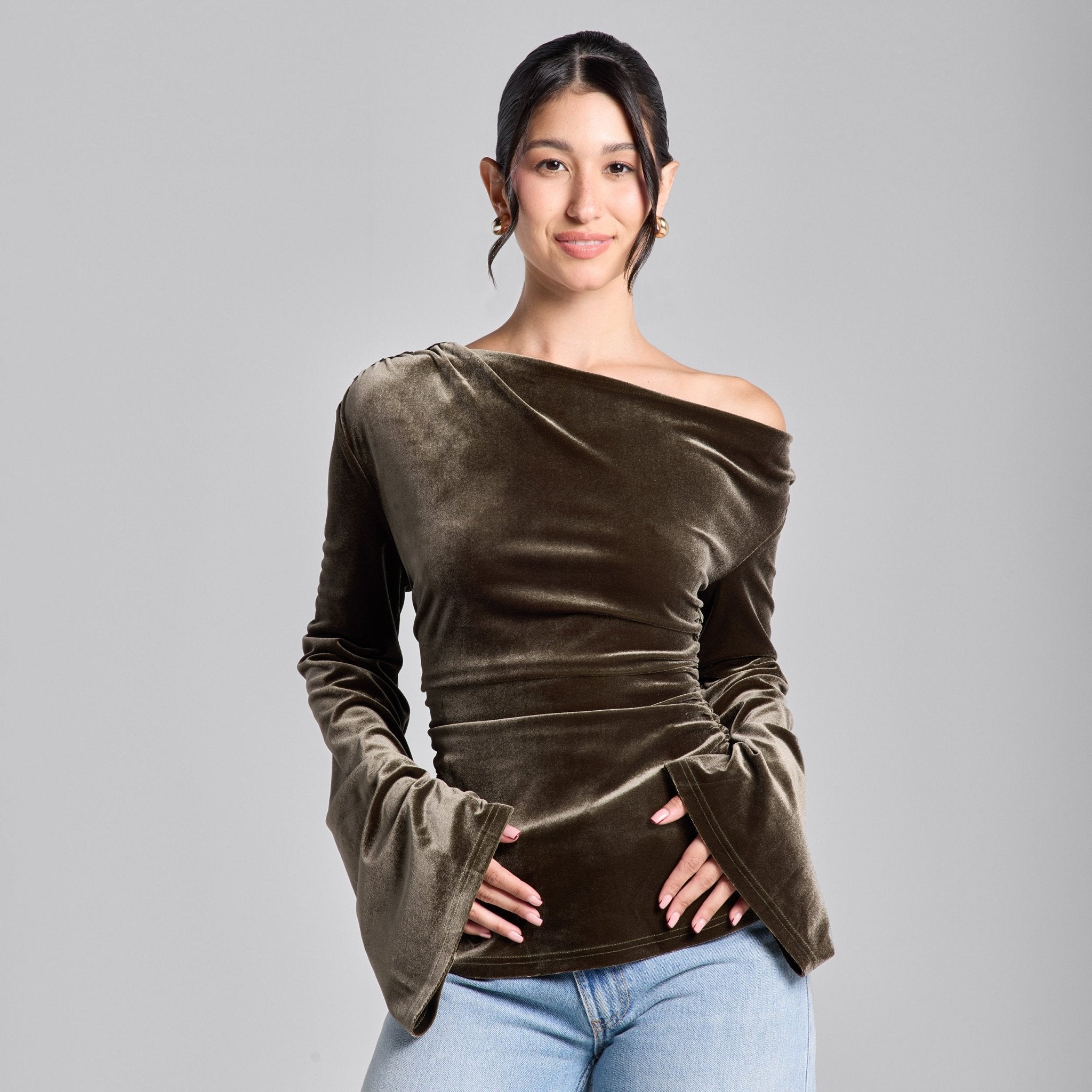 Brown Off Shoulder Ruched Velvet Top - shopaleena