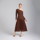 Brown One - shoulder Crepe Dress With Pleated Skirt - shopaleena