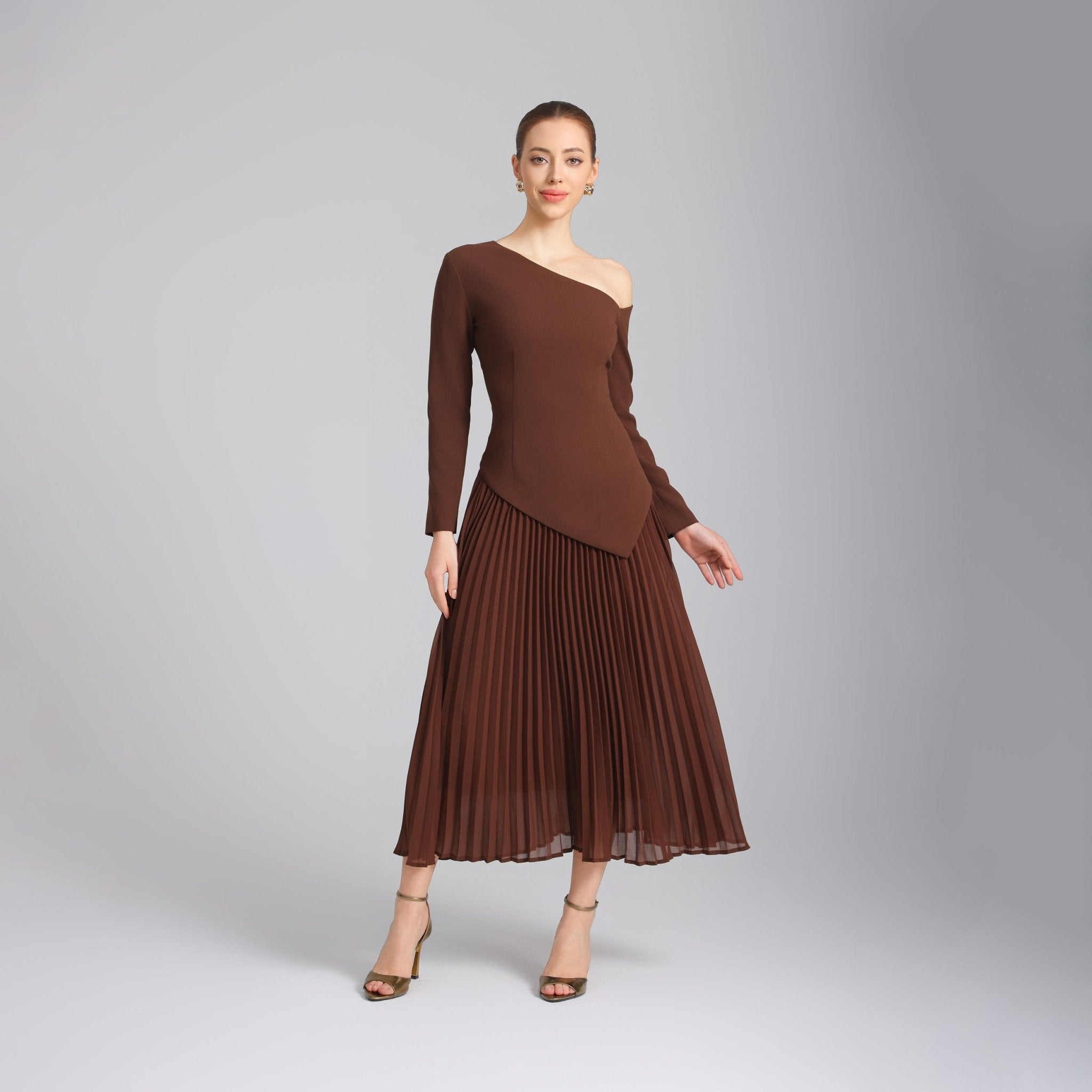 Brown One - shoulder Crepe Dress With Pleated Skirt - shopaleena