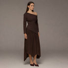 Brown One - shoulder Crepe Dress With Pleated Skirt - shopaleena