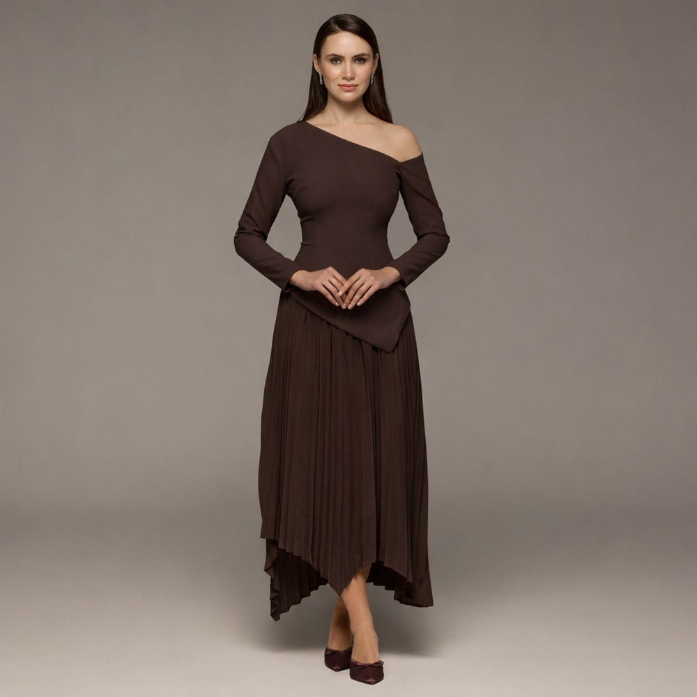 Brown One - shoulder Crepe Dress With Pleated Skirt - shopaleena