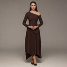 Brown One - shoulder Crepe Dress With Pleated Skirt - shopaleena