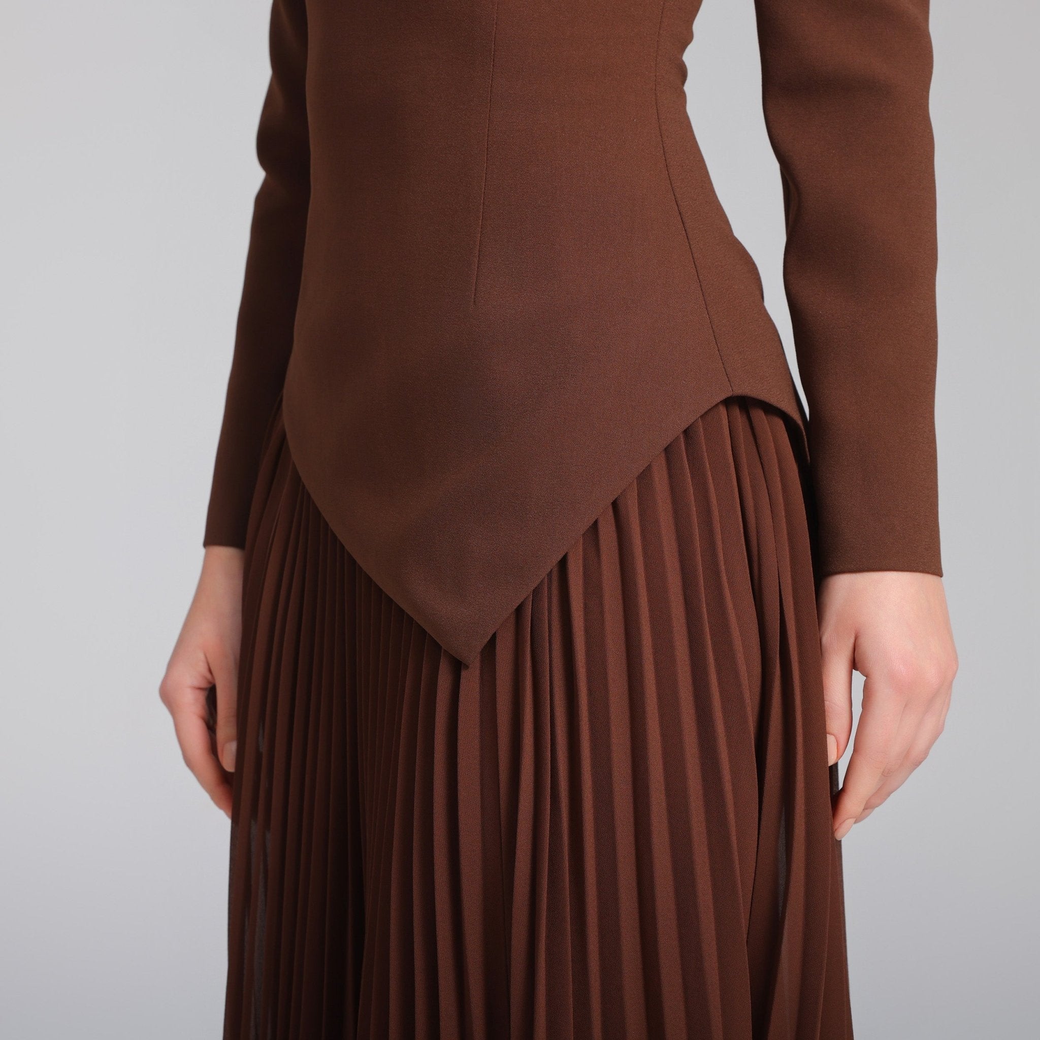 Brown One - shoulder Crepe Dress With Pleated Skirt - shopaleena