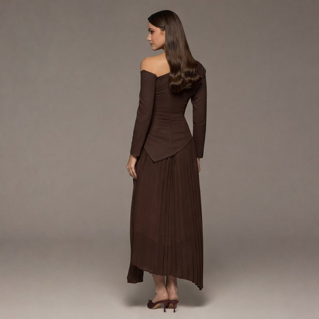 Brown One - shoulder Crepe Dress With Pleated Skirt - shopaleena