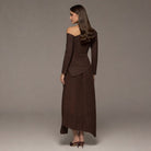 Brown One - shoulder Crepe Dress With Pleated Skirt - shopaleena