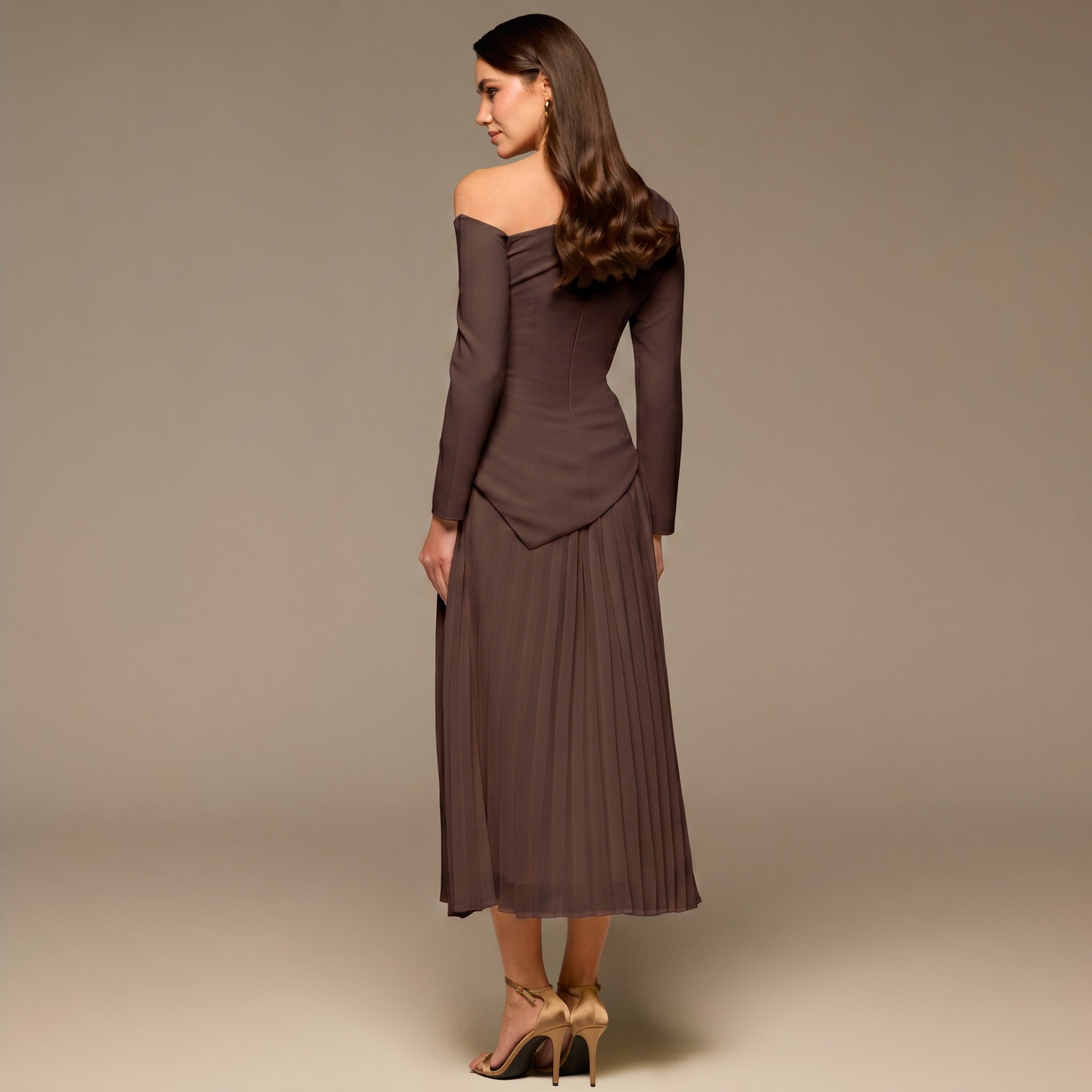 Brown One - shoulder Crepe Dress With Pleated Skirt - shopaleena