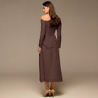 Brown One - shoulder Crepe Dress With Pleated Skirt - shopaleena
