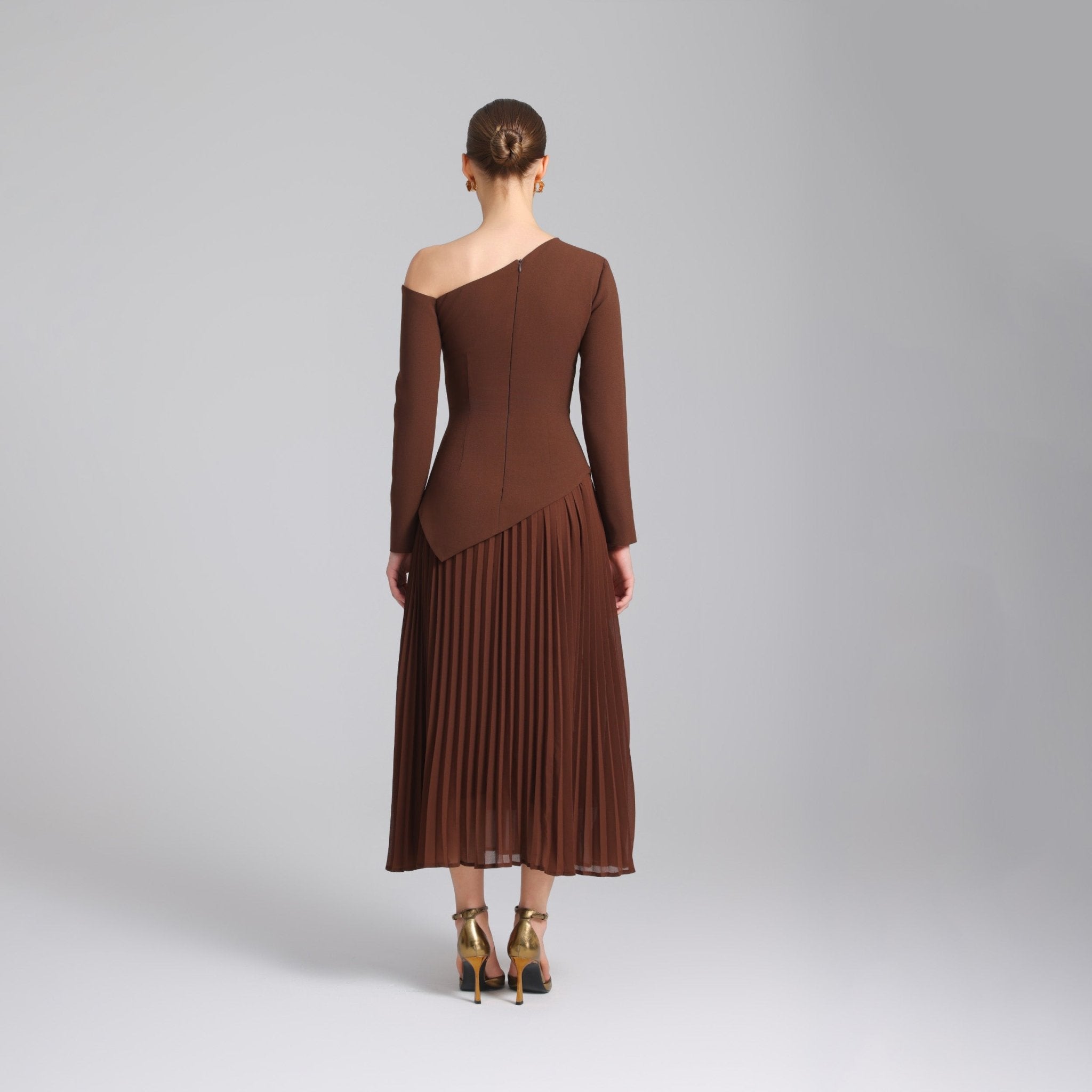 Brown One - shoulder Crepe Dress With Pleated Skirt - shopaleena