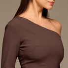 Brown One - shoulder Crepe Dress With Pleated Skirt - shopaleena