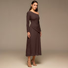 Brown One - shoulder Crepe Dress With Pleated Skirt - shopaleena