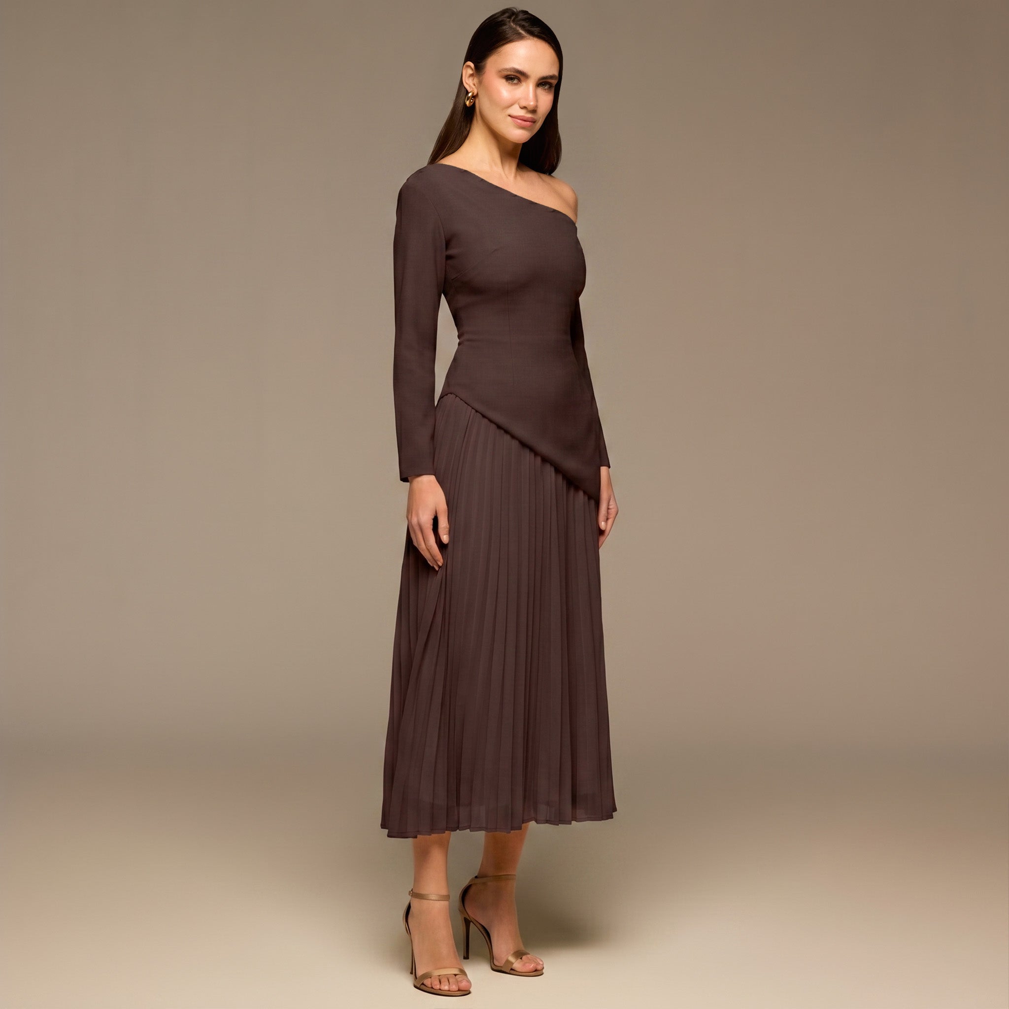 Brown One - shoulder Crepe Dress With Pleated Skirt - shopaleena
