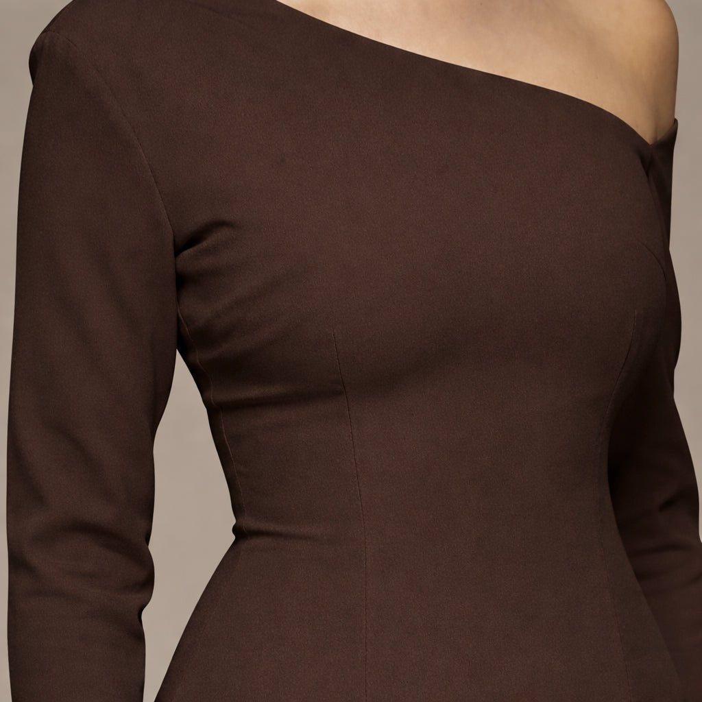 Brown One - shoulder Crepe Dress With Pleated Skirt - shopaleena