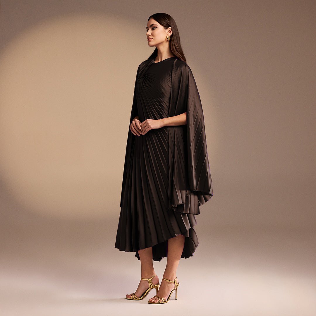 Brown Pleated Cape Midi Dress - shopaleena