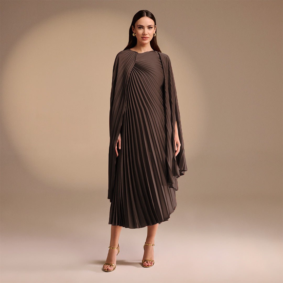 Brown Pleated Cape Midi Dress - shopaleena