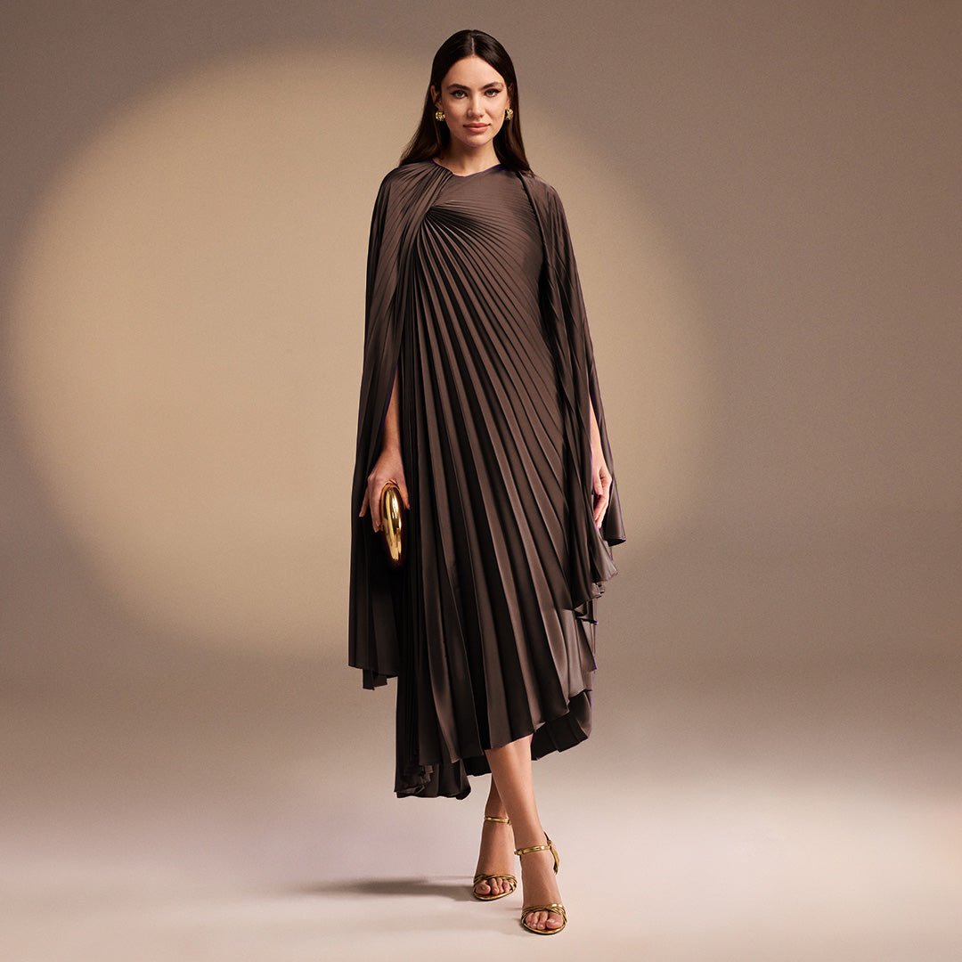 Brown Pleated Cape Midi Dress - shopaleena