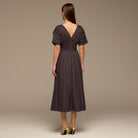 Brown Poplin Cotton Puffy Sleeve Dress - shopaleena