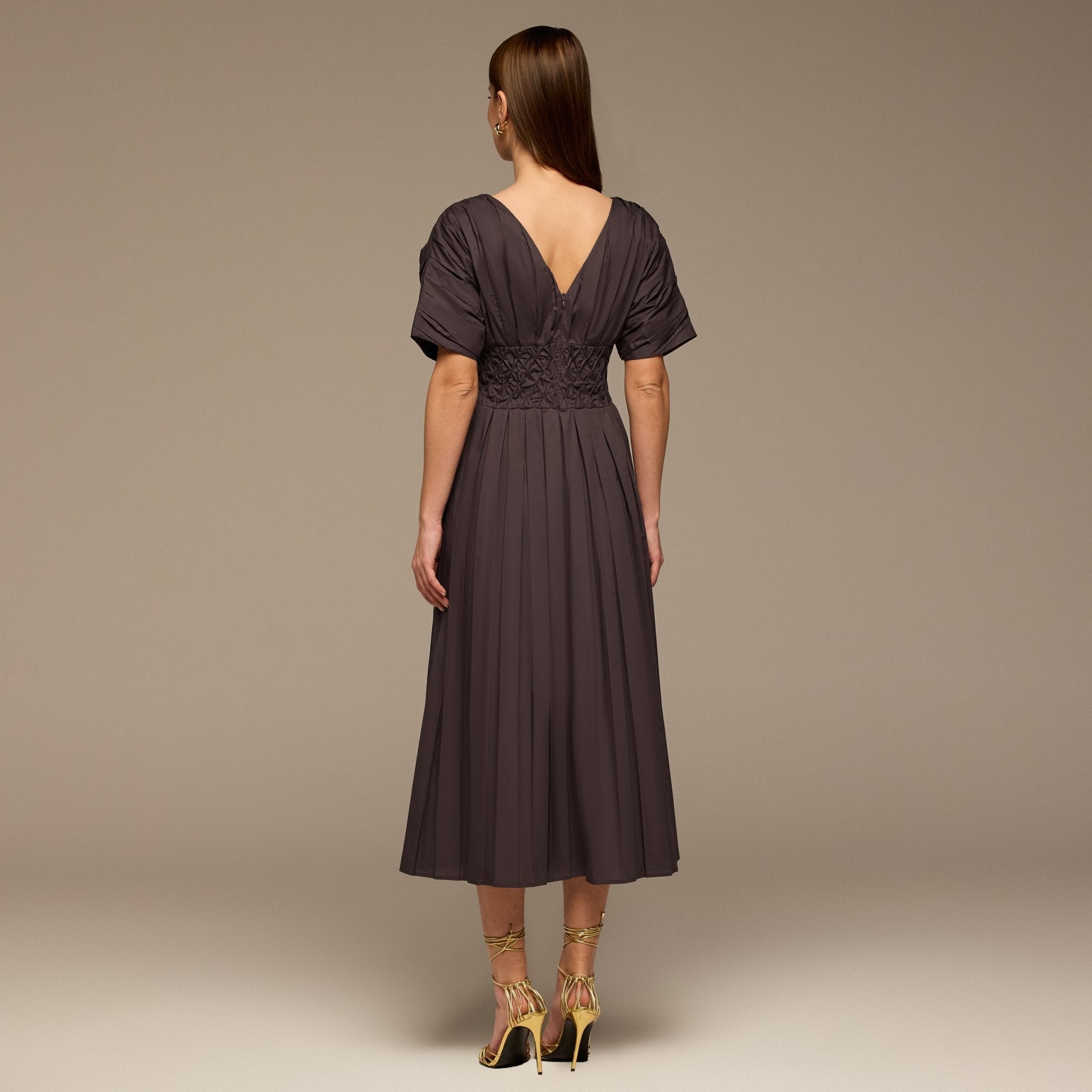 Brown Poplin Cotton Puffy Sleeve Dress - shopaleena