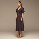 Brown Poplin Cotton Puffy Sleeve Dress - shopaleena