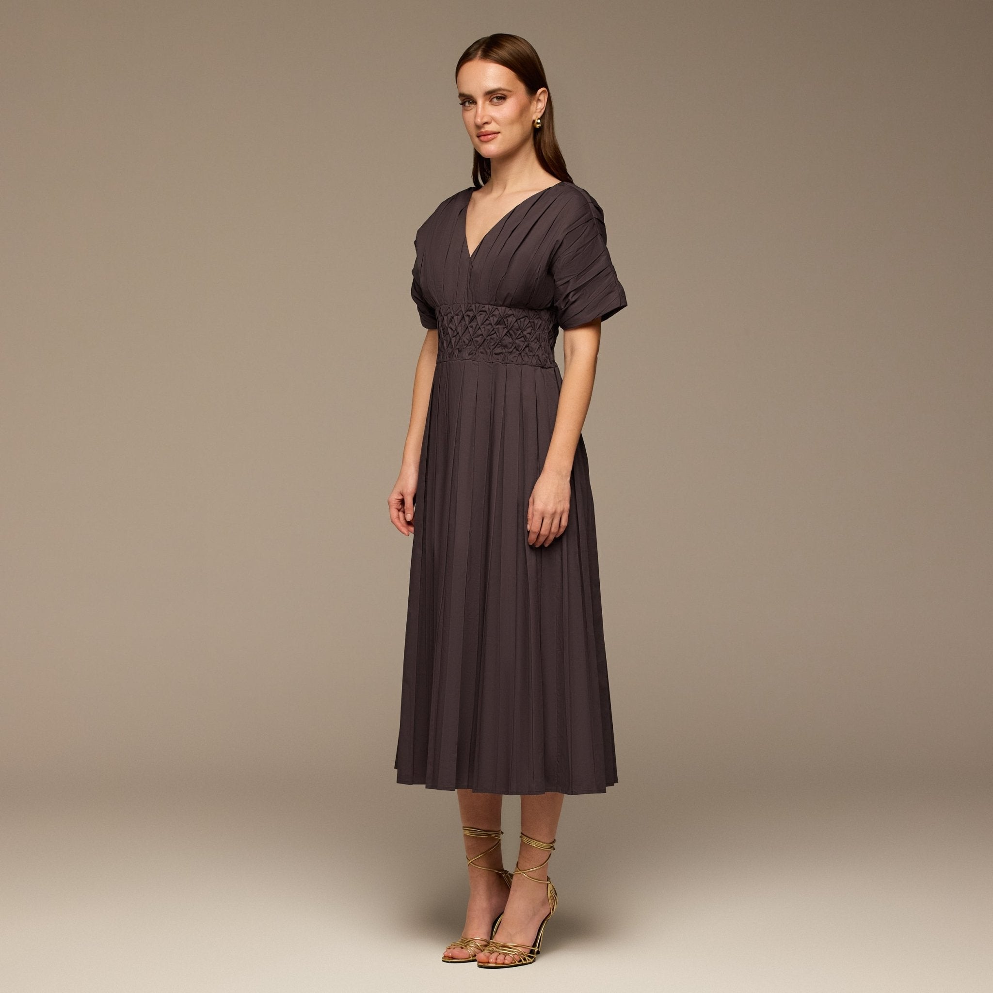 Brown Poplin Cotton Puffy Sleeve Dress - shopaleena