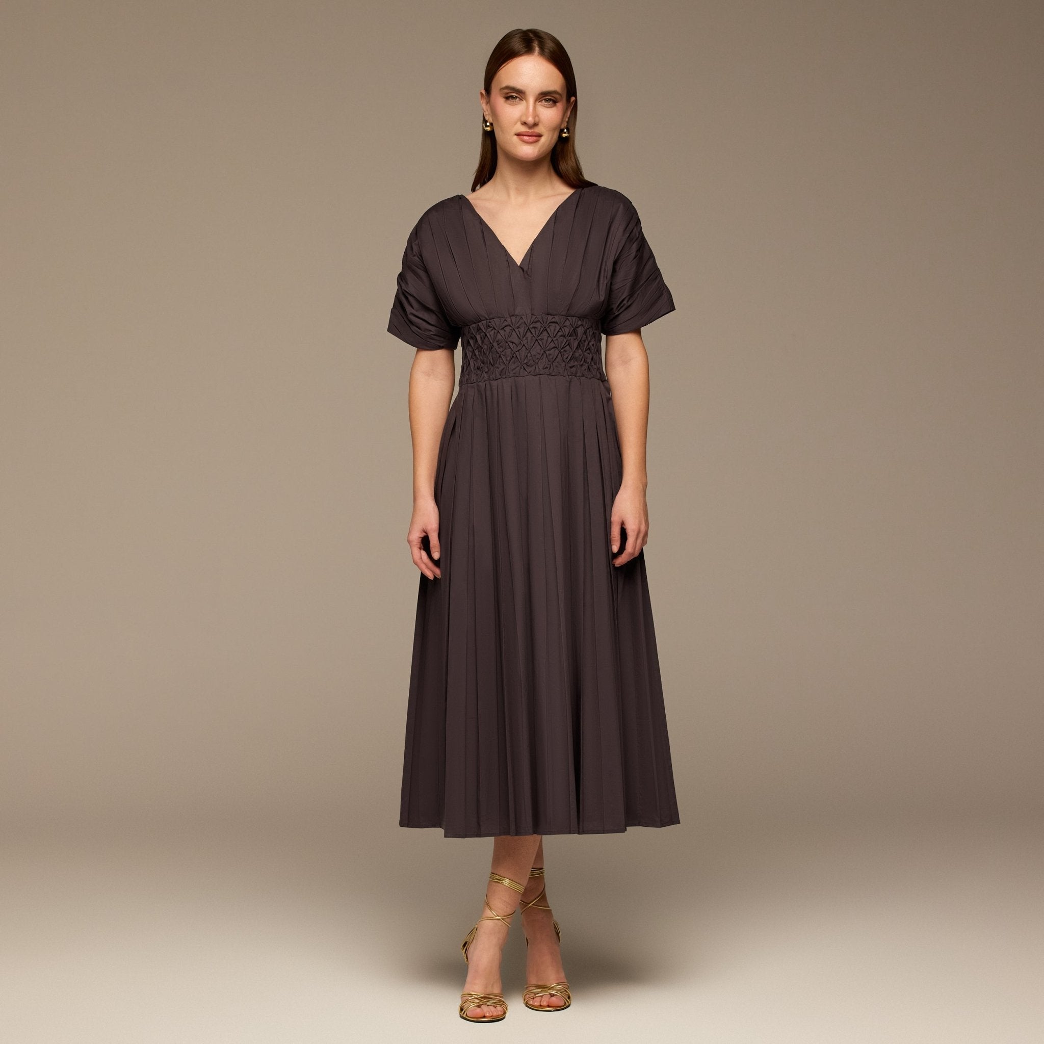 Brown Poplin Cotton Puffy Sleeve Dress - shopaleena