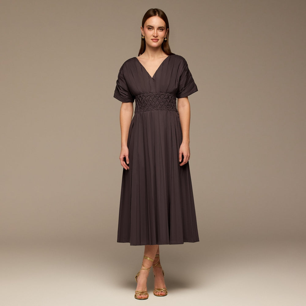 Brown Poplin Cotton Puffy Sleeve Dress - shopaleena