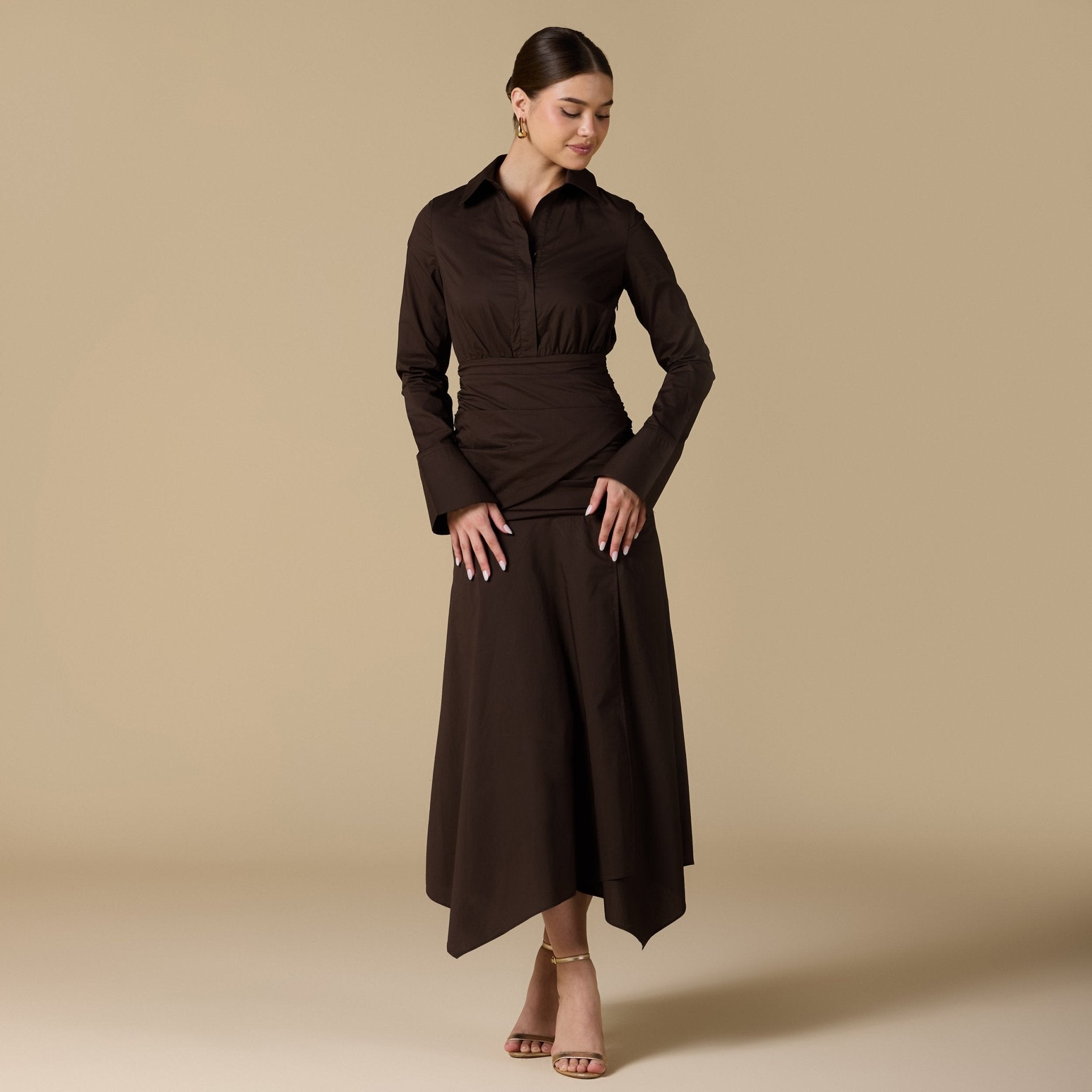 Brown Poplin Shirt Dress With Gathered Waist - shopaleena