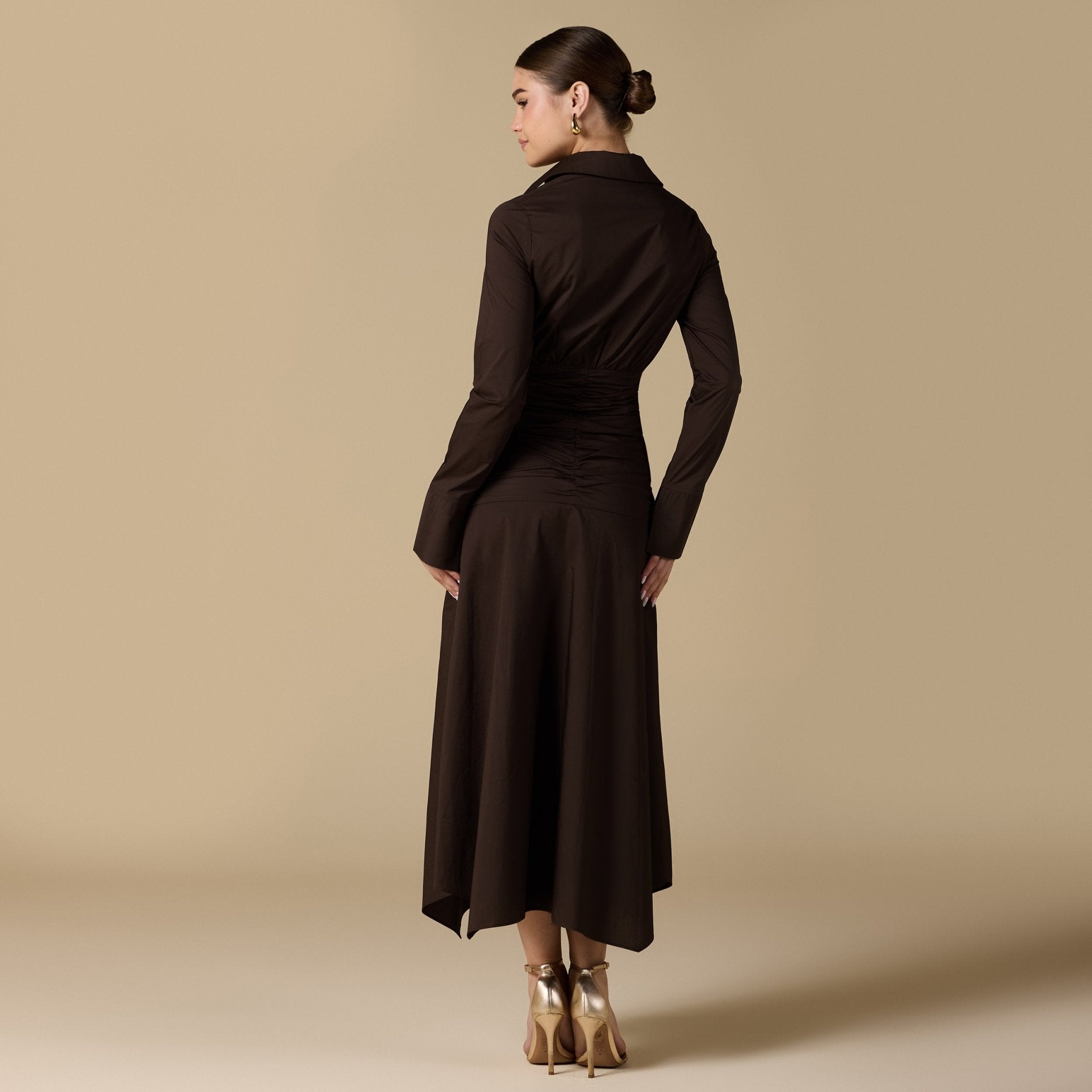Brown Poplin Shirt Dress With Gathered Waist - shopaleena