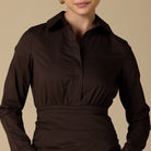 Brown Poplin Shirt Dress With Gathered Waist - shopaleena