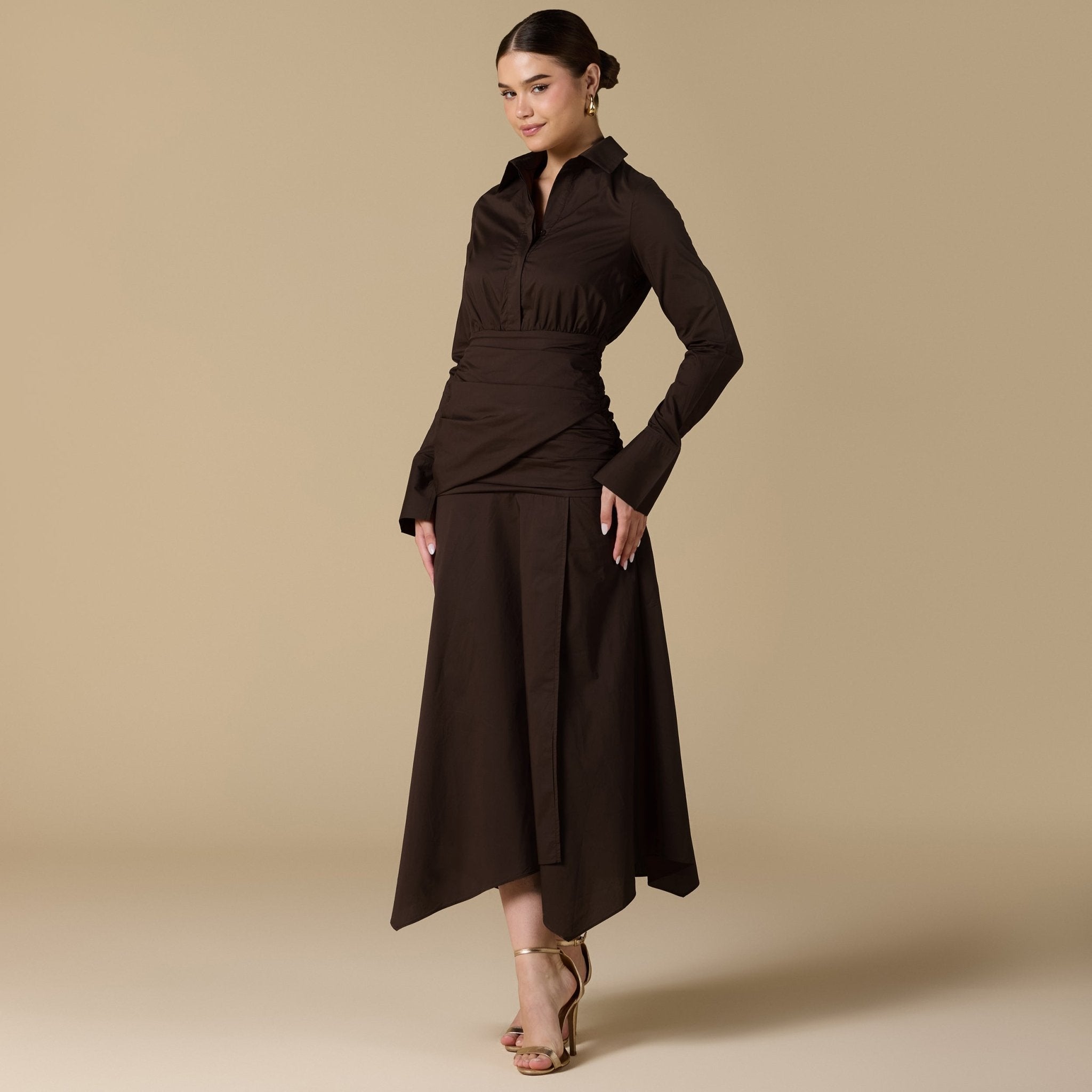 Brown Poplin Shirt Dress With Gathered Waist - shopaleena