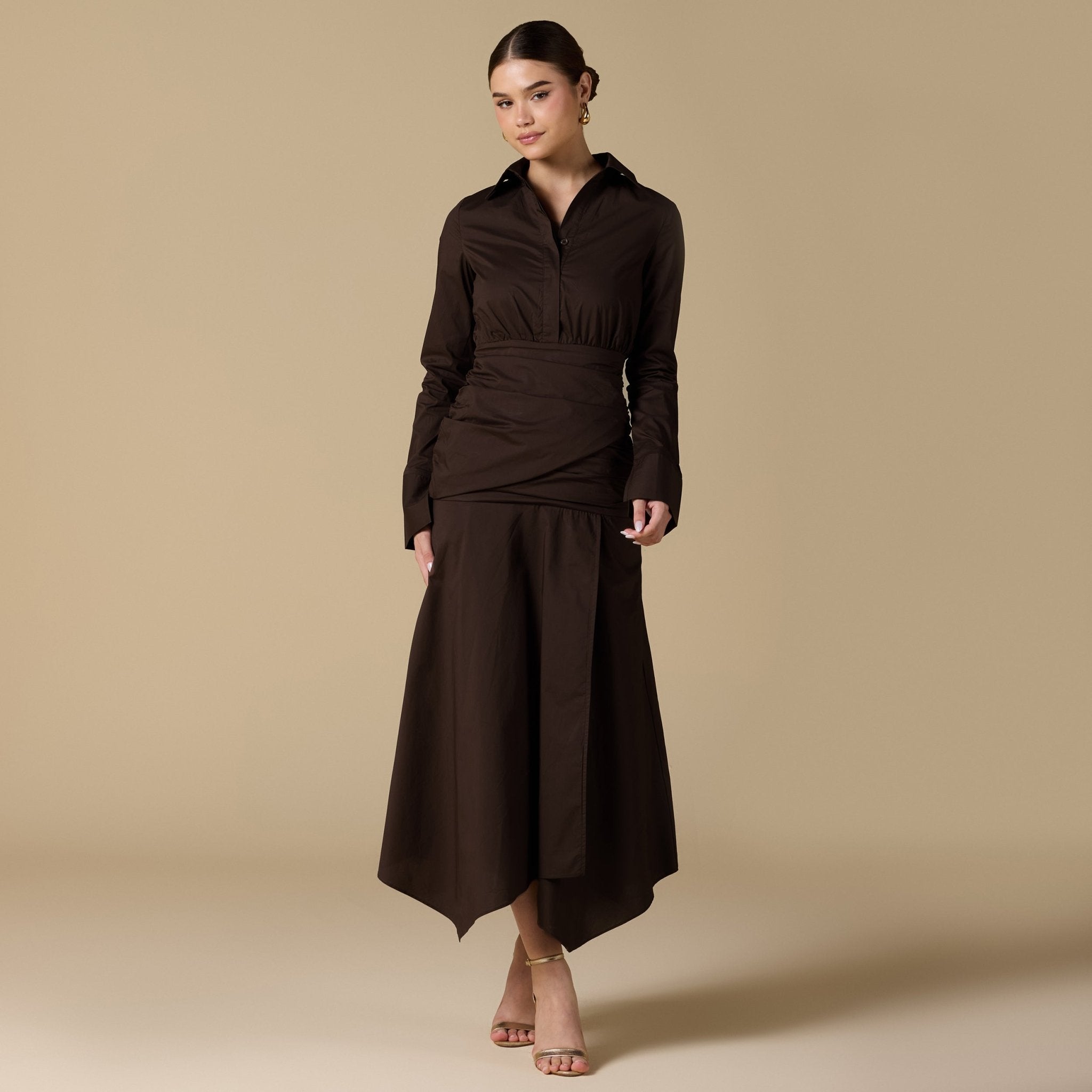 Brown Poplin Shirt Dress With Gathered Waist - shopaleena