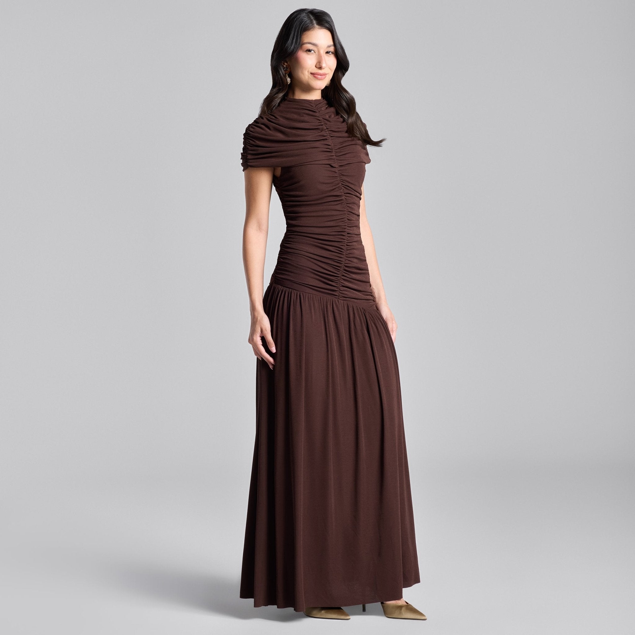 Brown Ruched Jersey Midi Dress - shopaleena