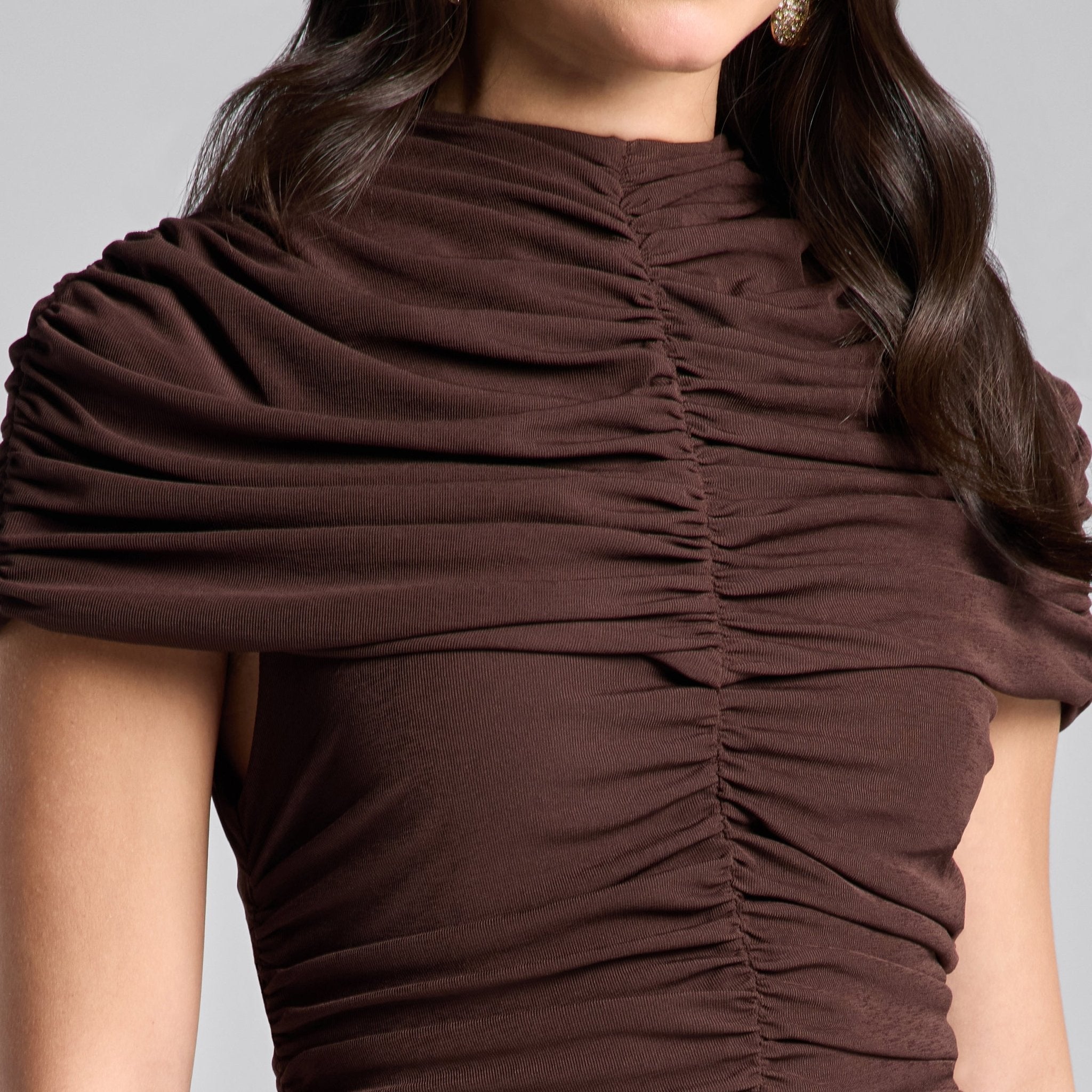 Brown Ruched Jersey Midi Dress - shopaleena
