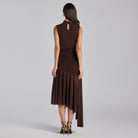 Brown Ruched Ruffle Midi Dress - shopaleena