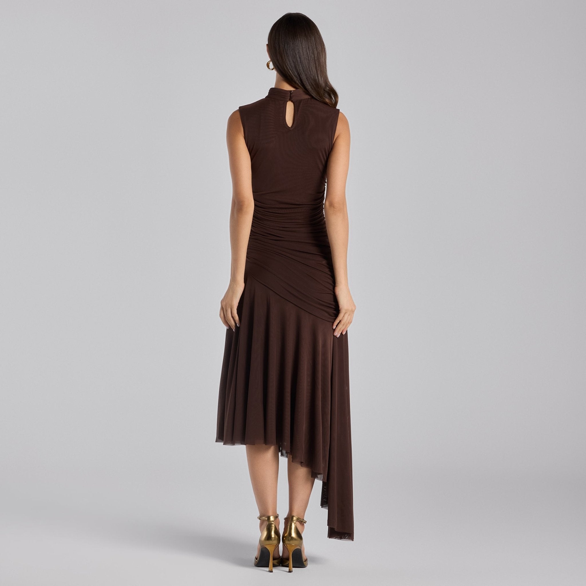 Brown Ruched Ruffle Midi Dress - shopaleena