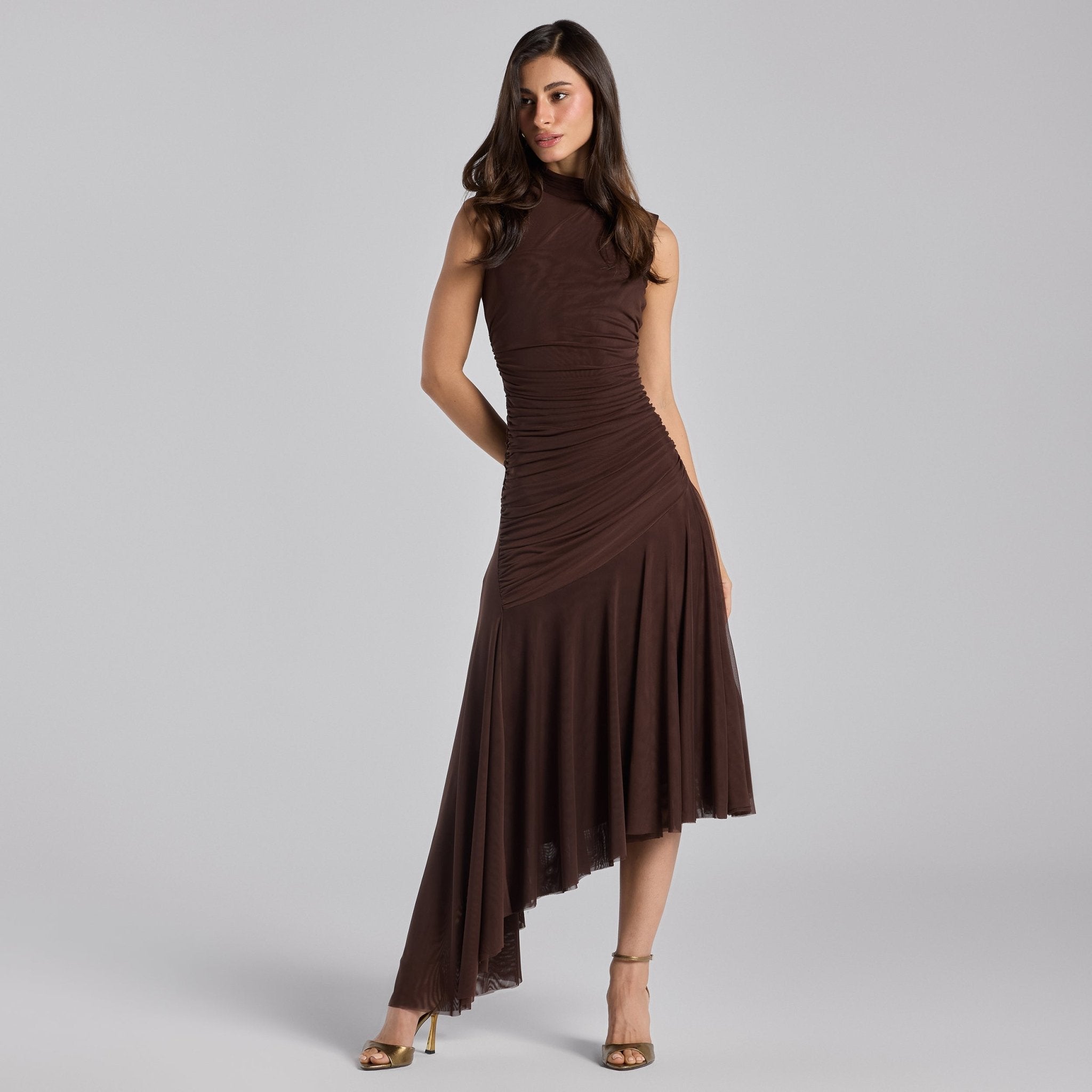 Brown Ruched Ruffle Midi Dress - shopaleena