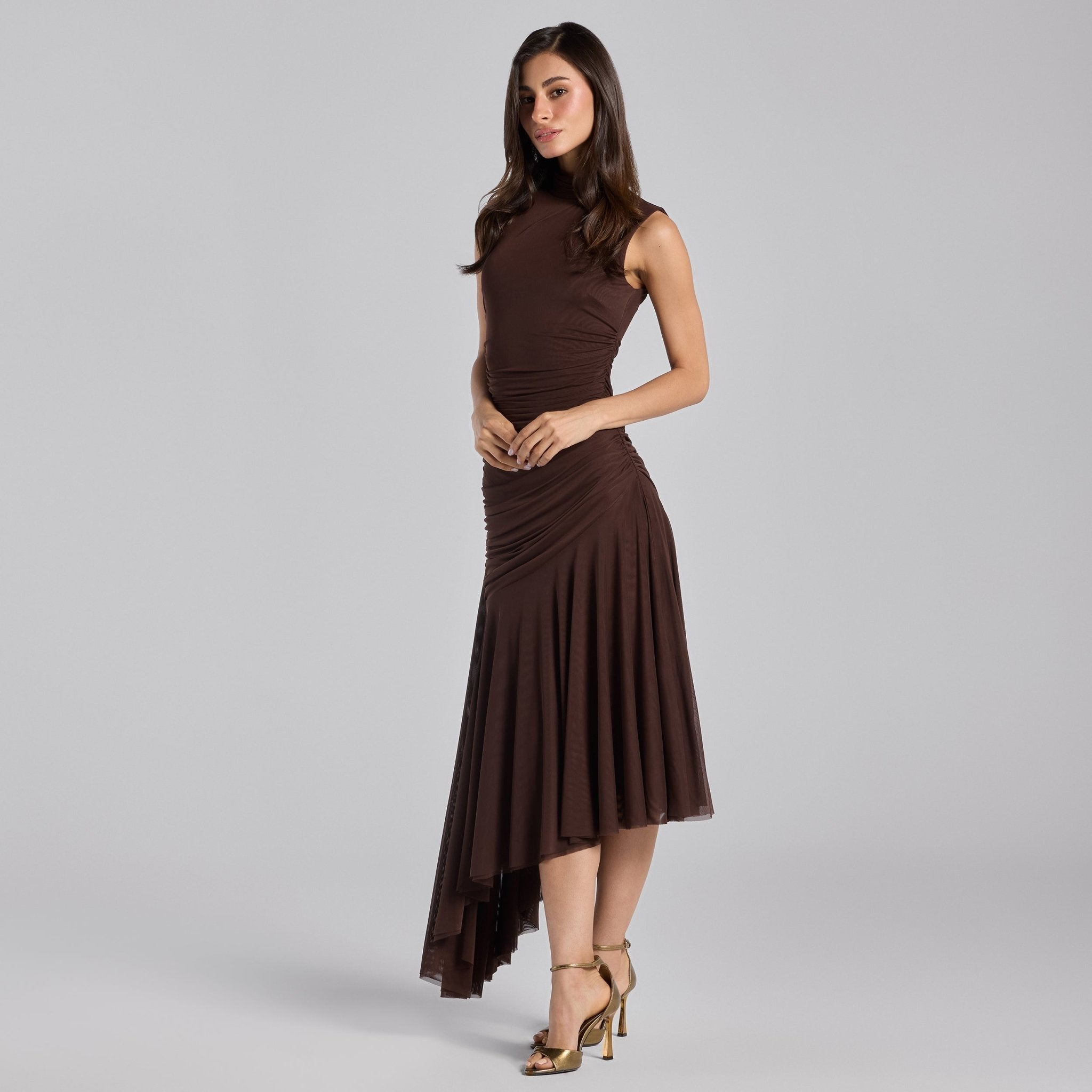 Brown Ruched Ruffle Midi Dress - shopaleena