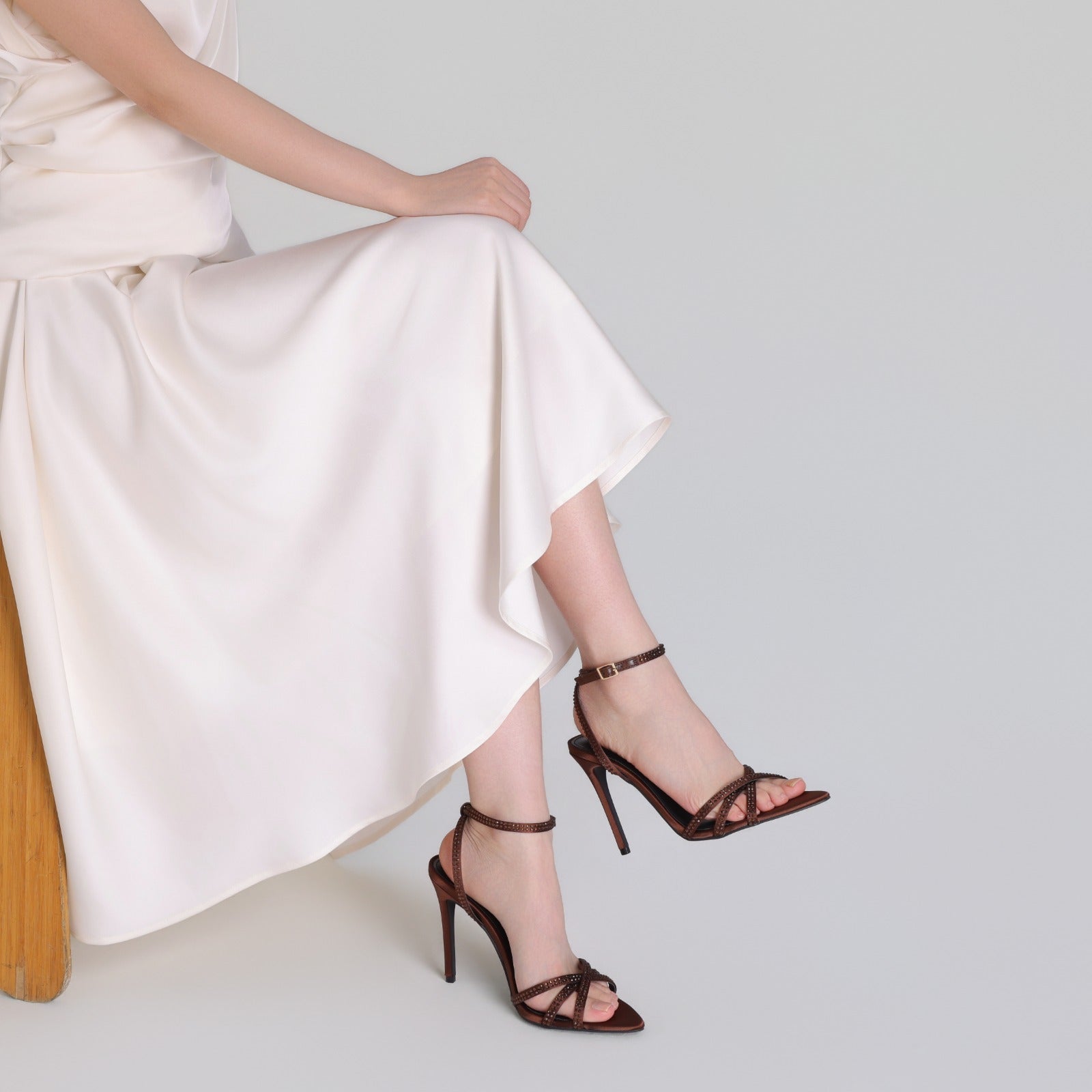 Brown Satin High Heel Sandals with Crystals - shopaleena