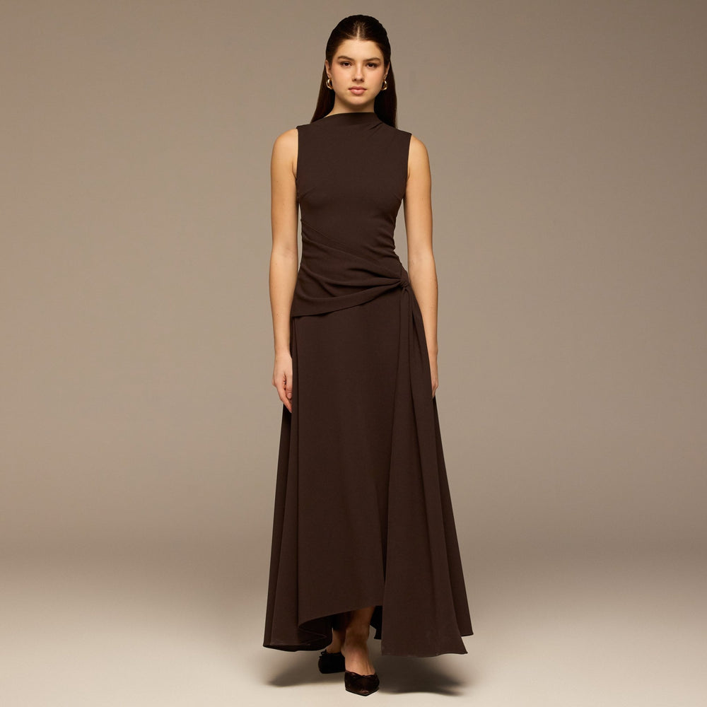Brown Sleeveless A - line Crepe Maxi Dress - shopaleena