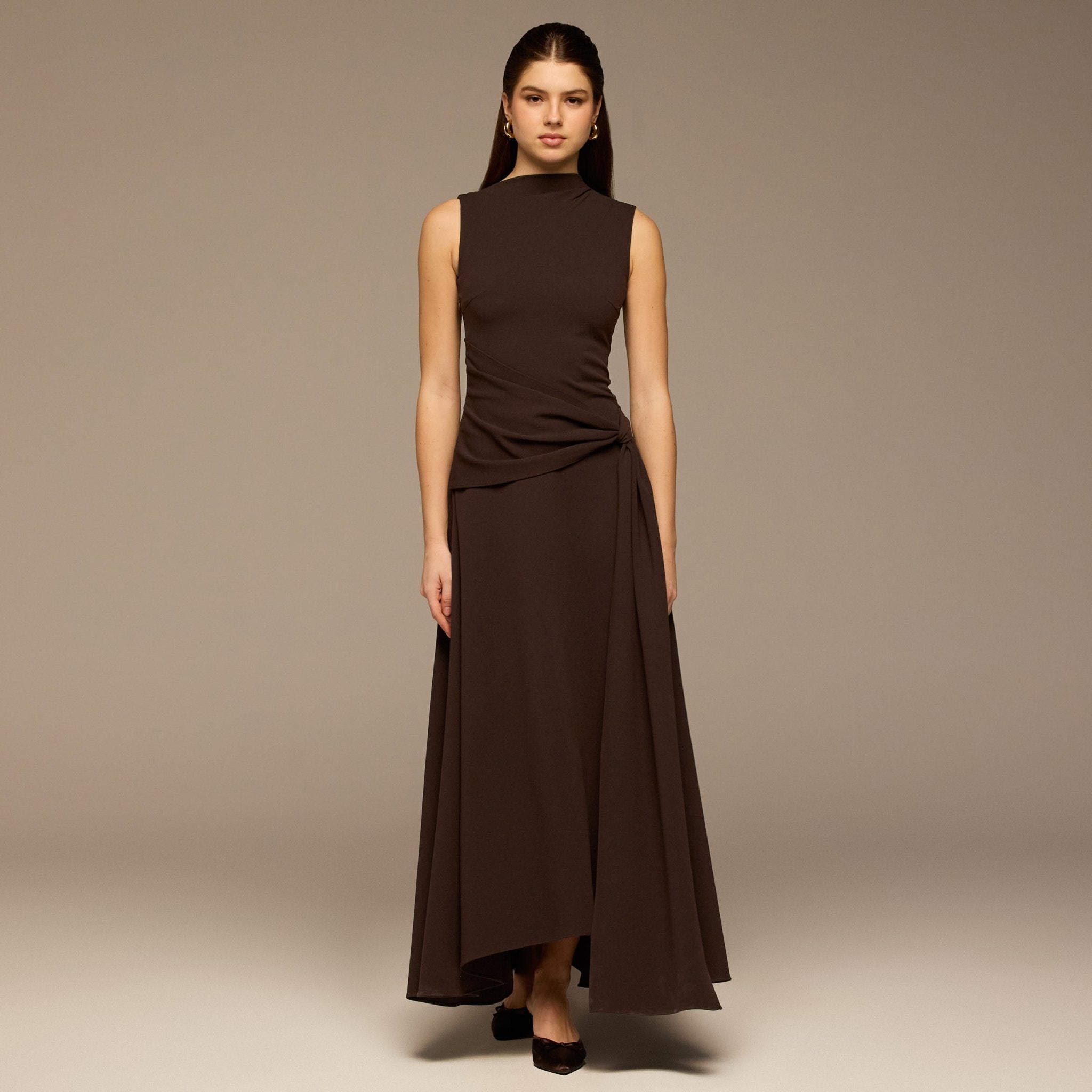 Brown Sleeveless A - line Crepe Maxi Dress - shopaleena