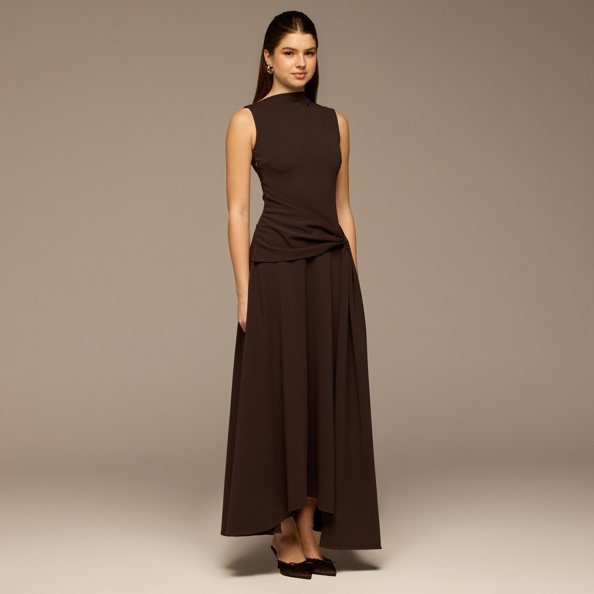 Brown Sleeveless A - line Crepe Maxi Dress - shopaleena
